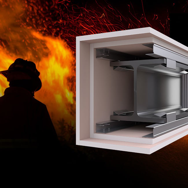 Render Nida stal czyli systemu zabezpieczenia konstrukcji stalowych płytami gipsowo-kartonowymi przed działaniem ognia.